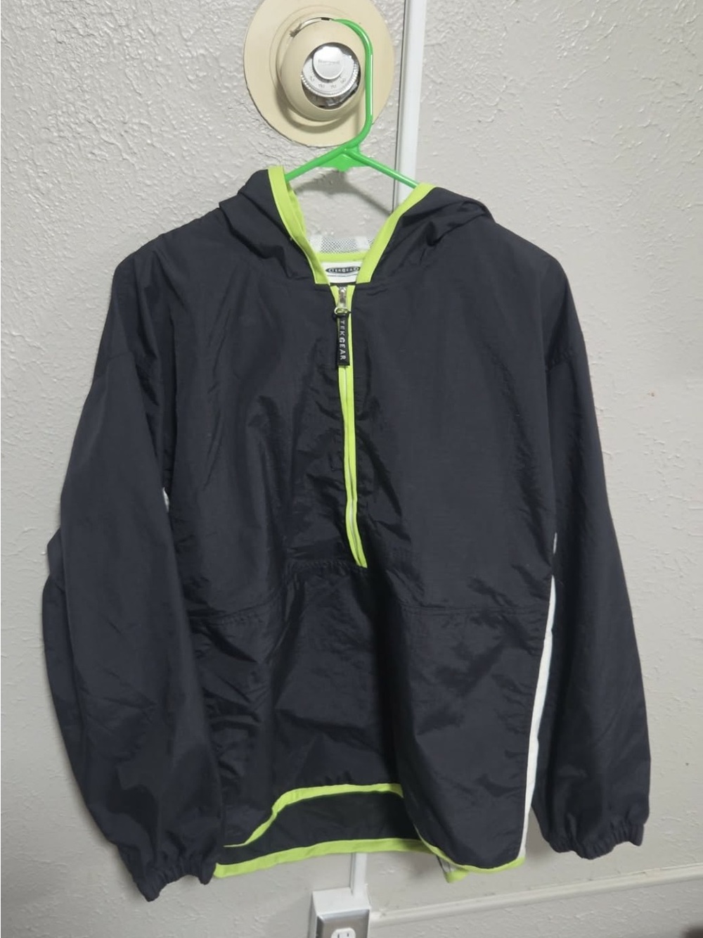 Men's Black Windbreaker Hoodie with Neon Lime Trim